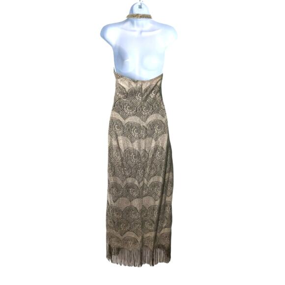 Vintage 90's Y2K Alexandra Lee Halter Maxi Dress Crochet Metallic Fringe Fitted - Picture 2 of 8